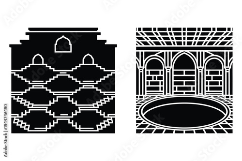 Traditional architecture silhouettes: pagoda and courtyard