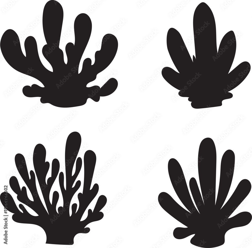 Fototapeta premium Black silhouette vector design of stylized coral and aquatic plants. Abstract shapes for transparent backgrounds in marine graphics