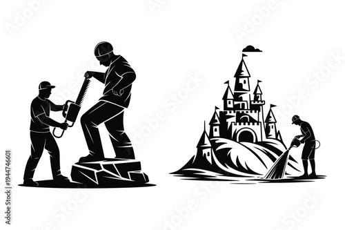 Builders sawing stone and person watering castle with black and white
