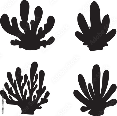 Black silhouette vector design of stylized coral and aquatic plants. Abstract shapes for transparent backgrounds in marine graphics