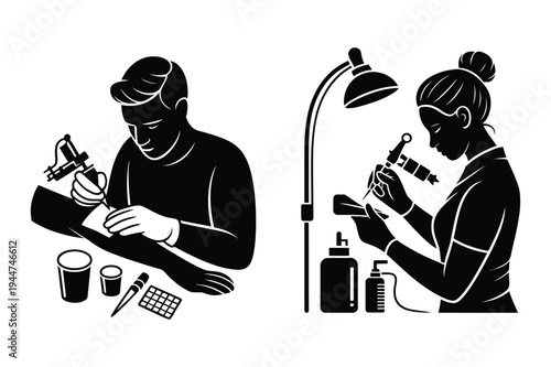 Man tattooing arm and woman tattooing paper with body art