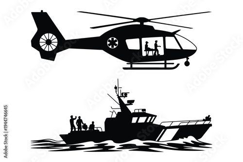 Emergency rescue helicopter and coast guard boat silhouettes
