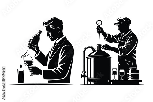 Winemaker pouring wine and brewer working beer craft silhouettes