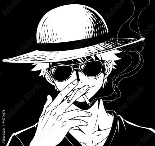 Anime style character wearing straw hat and sunglasses smoking cigarettes with smoke trails backdrop