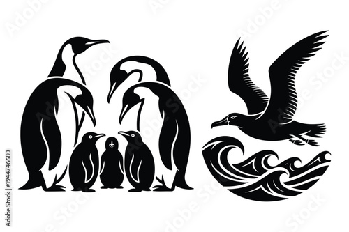Penguin family and albatross flying over ocean waves silhouettes