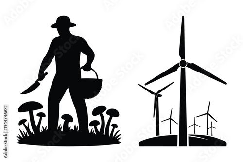 Mushroom forager and wind turbines renewable energy silhouettes