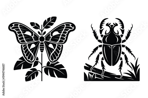 Butterfly on plant and stag beetle on branch nature silhouettes