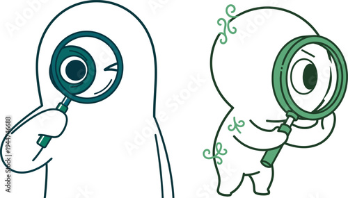 Cartoon character looking through magnifying glass for observation and research concept illustrations
