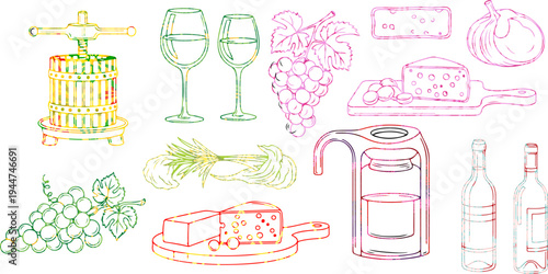 A collection of wine and dine accessories drawn in colorful lines on white background