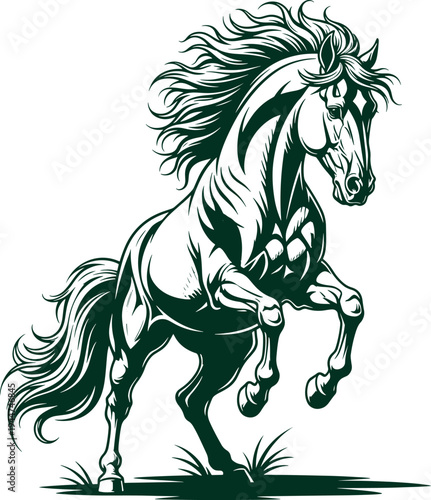 Powerful wild horse with flowing mane and tail galloping freely in green grass silhouette