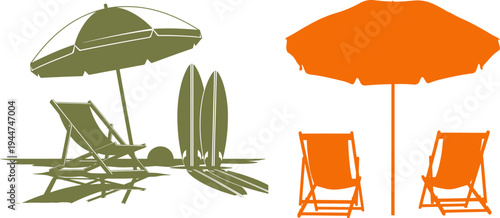 Summer vacation beach scene with umbrella lounge chairs and surfboards for tropical holiday design