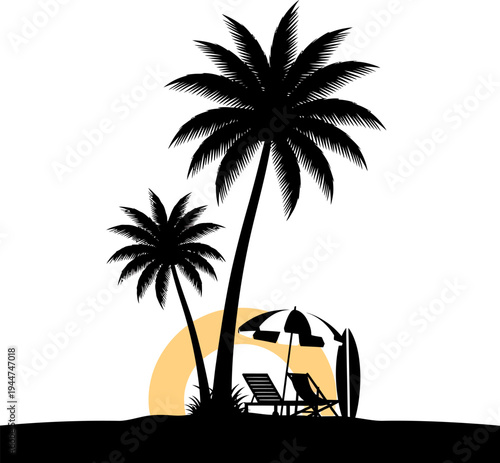 Summer beach silhouette with palm trees and sun lounger near surfboard under umbrella at sunset time