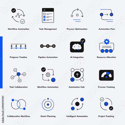 Business process automation icons set for workflow optimization task management and productivity improvement