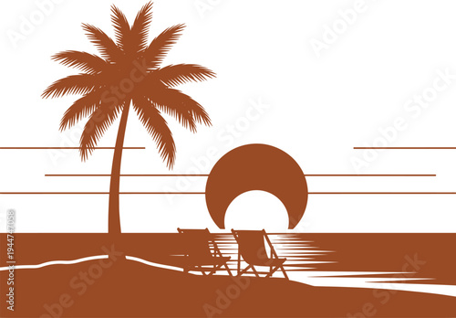 Tropical sunset landscape with palm tree and lounge chairs on beach over calm ocean water backdrop