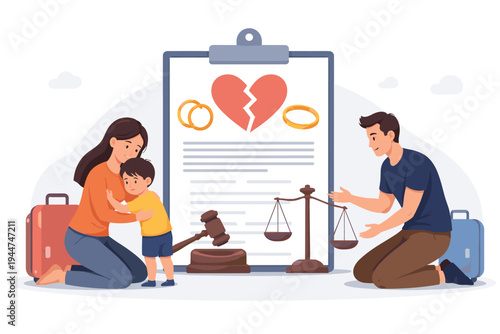 Divorce and Child Custody Legal Separation Concept Vector Illustration. A mother hugs her son while a father kneels, featuring legal symbols like a gavel, scales of justice, and a broken heart.