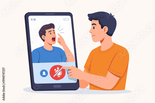 Man Muting an Angry Person During a Video Call on a Smartphone, Simple Flat Vector Illustration of Ignoring a Shouting Contact, Digital Communication Conflict and Silence Concept Art