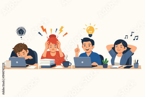 Flat Vector Illustration of Employees in Different States of Mind: Tired Man Sleeping, Stressed Woman Overwhelmed, Inspired Man with Creative Idea, and Relaxed Woman Happy at Work Desk.