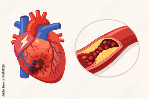 Human Heart Attack and Atherosclerosis Medical Illustration. Vector of a damaged heart with lightning bolt pain symbol and a cross-section of a coronary artery showing cholesterol plaque buildup.