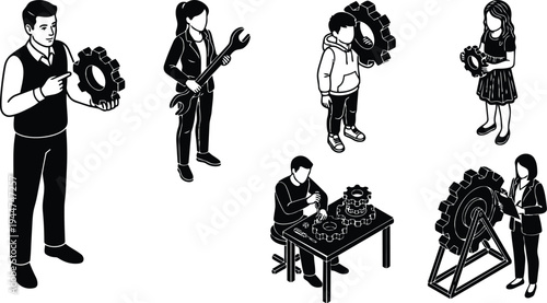 Isometric vector art man pointing at gear woman holding wrench child carrying gear technician assembling gears table scene monochrome