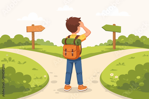 Young boy hiker with a backpack standing at a crossroads, looking at wooden signposts and deciding which path to take on his journey through a green landscape. Flat vector illustration concept.