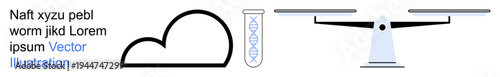 Cloud technology, science innovation, DNA research, genetic study, data storage, law balance. Minimalist icons showing a cloud, DNA test tube and balance scale. Cloud technology and science
