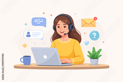 Vector illustration of a friendly female customer support agent wearing a headset and working on a laptop, providing online assistance with chat, email, and help icons in a flat design style.
