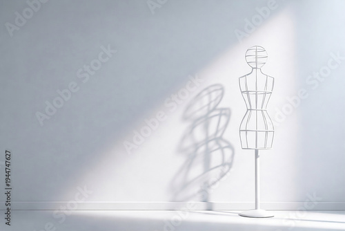 Wireframe mannequin in a minimalist setting. Empty room, sunlight from the side.