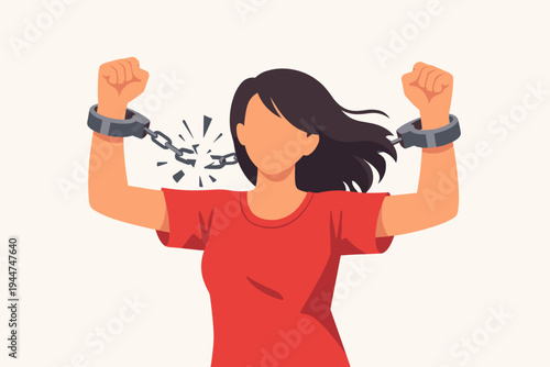 Vector illustration of a strong woman breaking metal handcuffs and chains, symbolizing freedom, liberation, and empowerment. Flat design of a female figure escaping bondage and oppression.