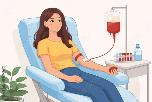 Young woman donating blood in a medical clinic, simple flat vector illustration. Female donor sitting in a blue chair with a blood bag, IV stand, and test tubes. Healthcare and charity concept.