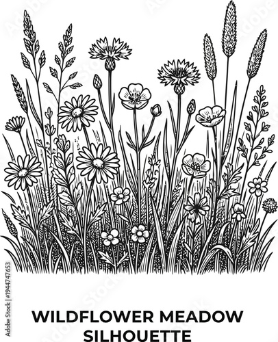 Wildflowers silhouette minimalist poster design nature botanical black white line art