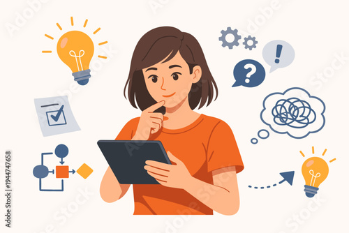 Vector illustration of a young woman using a tablet to solve problems, featuring lightbulb ideas, workflow diagrams, and thought bubbles, representing digital creativity and brainstorming.