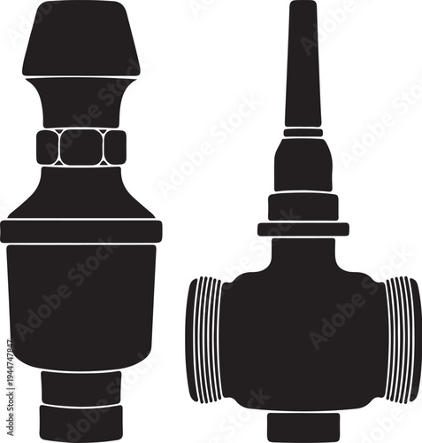 Close-up silhouette vector graphic of two plumbing faucet components with threaded connections on a transparent background, perfect for design elements
