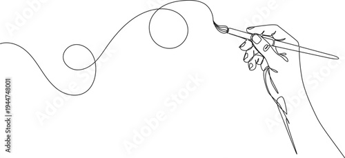 continuous line drawing of hand holding fine paintbrush, painting line art vector illustration