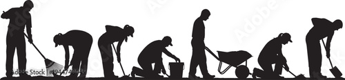 Black silhouette collection of people gardening and landscaping with tools like rakes shovels and wheelbarrows isolated on white background for outdoor spring maintenance work