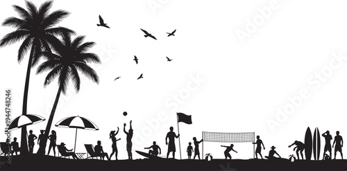 Black silhouette collection of people enjoying tropical beach activities including volleyball surfing and sunbathing under palm trees isolated on white background for summer vacation