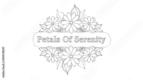 A serene adult coloring page featuring a beautiful floral design with the phrase 'Petals Of Serenity', ideal for relaxation and mindfulness activities.