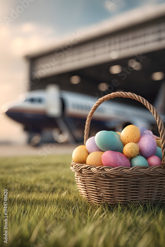 Easter basket with colorful eggs on spring grass outside an airport hangar, airplane nose behind, warm morning sunlight, bright seasonal aviation scene.