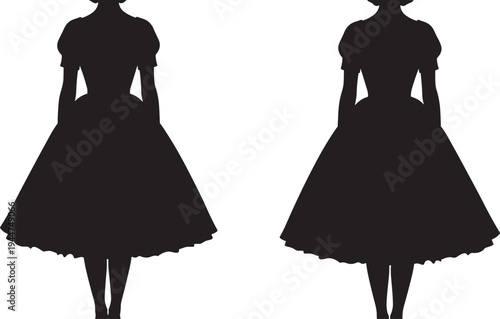 Black silhouette of two vintage women wearing retro fifty style dresses with puffed sleeves and full skirts isolated on white background for fashion design