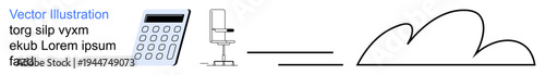 Cloud storage, productivity tools, remote work, modern technology, business solutions, digital connections. a calculator, chair and cloud graphic. Cloud storage and productivity tools concept