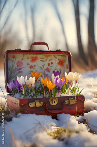 Vintage suitcase with spring flowers and blooms lying on the meadow with the rests of melting snow and grass growing. Concept of spring coming and winter leaving.