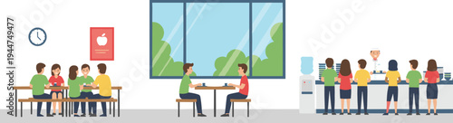 Flat vector illustration of a modern office cafeteria interior with people eating at tables and waiting in line at a buffet counter isolated on white background.