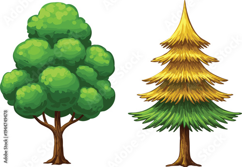 Cartoon tree illustration, deciduous and coniferous, stylized forest vegetation, green foliage, seasonal contrast, nature graphic, educational botanical drawing, landscape element