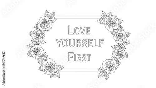 Love Yourself First Inspirational Floral Wreath Coloring Page with Roses Leaves and Decorative Botanical Frame, Positive Self Care Quote Adult Coloring Book Illustration, Relaxing Mindfulness Line Art