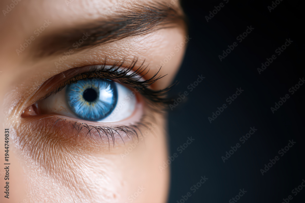 Obraz premium Close up of human eye showcasing vibrant blue iris and detailed eyelashes, highlighting beauty and intricacy of human features. lighting enhances eye depth and expression