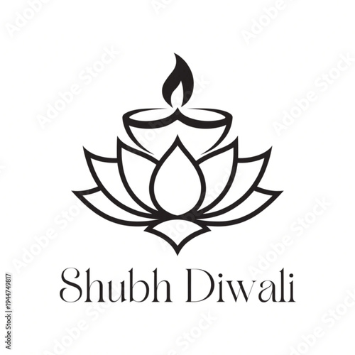 Elegant black line art of a lotus flower with a burning diya for the shubh diwali festival illustration