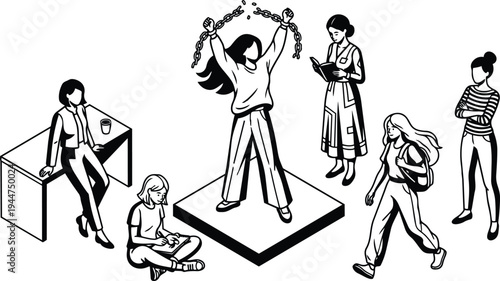 Line art empowering woman breaking chains on pedestal surrounded by diverse women in casual poses high angle perspective monochrome vector