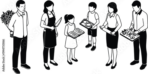 Isometric vector family preparing home dinner with children smiling helping reading and serving while adults chop roll and present flowers