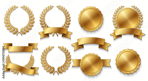 Golden laurel wreaths and ribbons set victory award vector illustration
