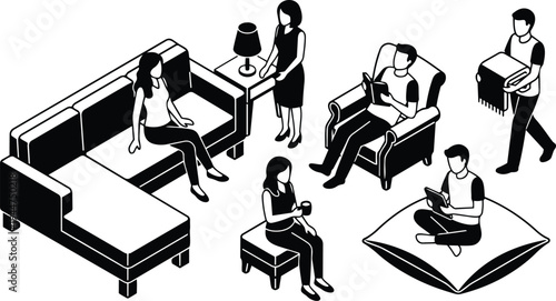 Isometric flat design living room scene people reading relaxing on sofa armchair and cushion woman carrying blanket holding cup lamp