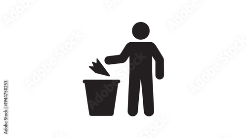 Trash Disposal Icon Person Throwing Paper into Bin for Waste Management, Recycling and Clean Environment Concepts